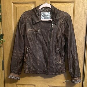 Maurices Brown Faux Leather Moto Jacket, Women’s L, Leopard Print Liner.